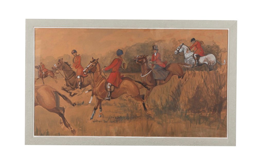 Large framed signed pastel of a hunt in progress