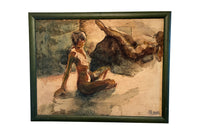 Mid 20th century gouache and charcoal painting of two female nude figures.