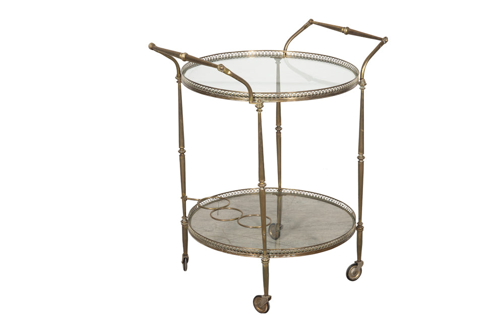 Mid century French, brass & glass drinks trolley with 3 bottle holder - French Mid Century Furniture