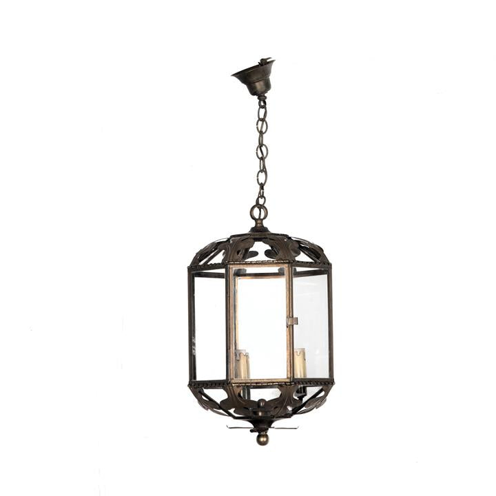  French brass hanging lantern with eight glass panels, one which opens to access the interior circa 1940 - Antique Lighting