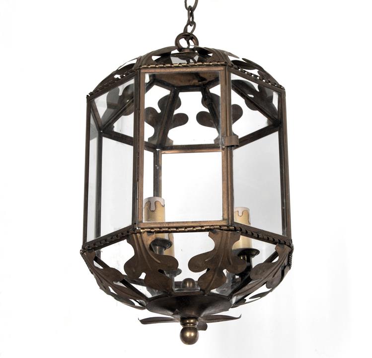  French brass hanging lantern with eight glass panels, one which opens to access the interior circa 1940
