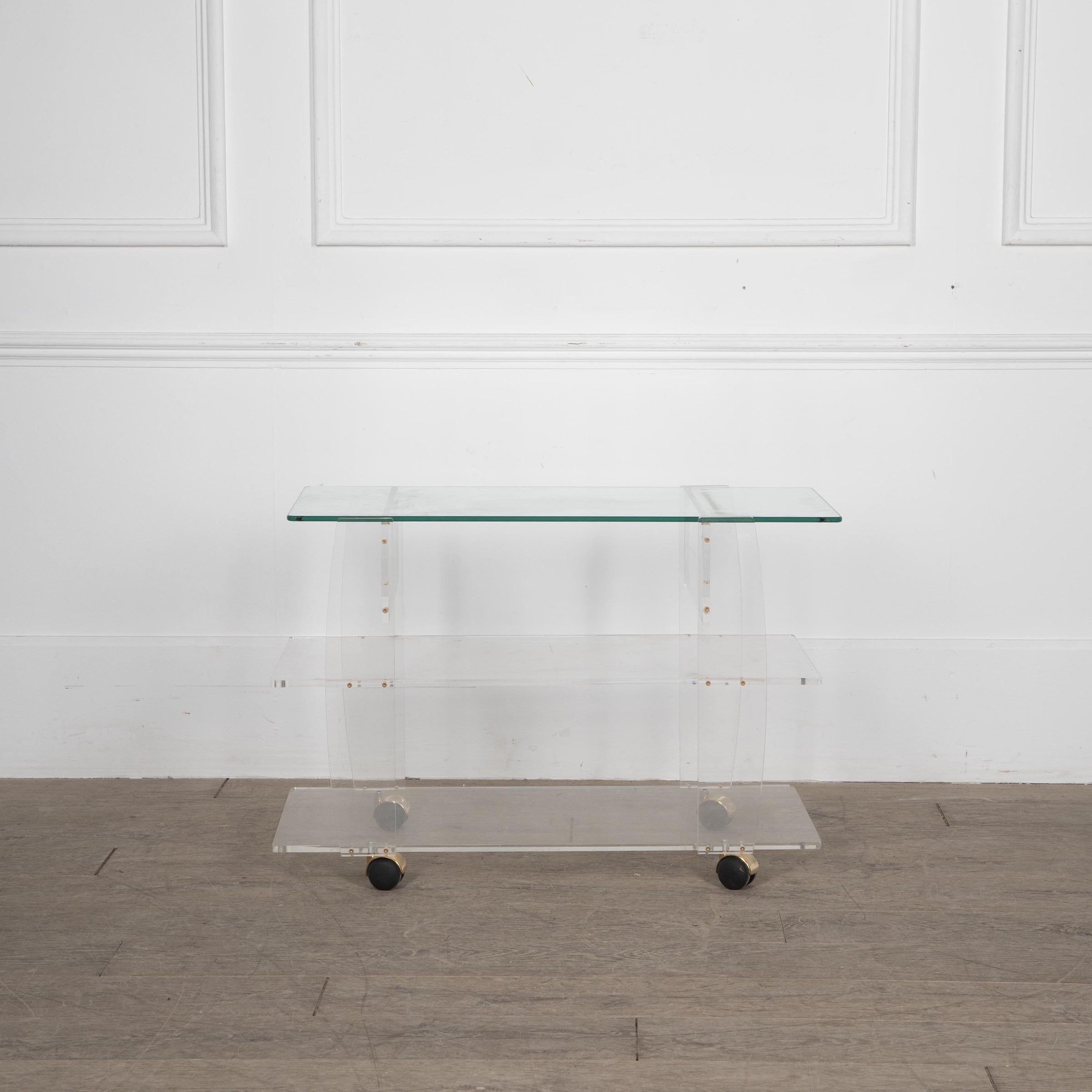 20th Century French acrylic side table trolley with glass top designed by the French designer, David Lange. 