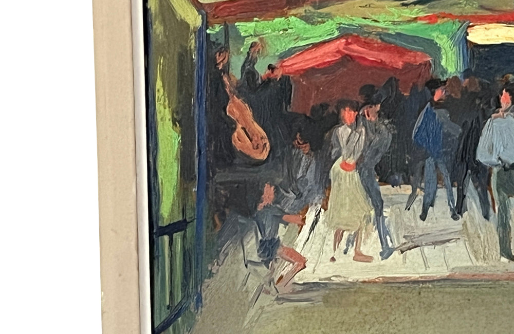 Charming, naive painting of dancing at a French village fair. 