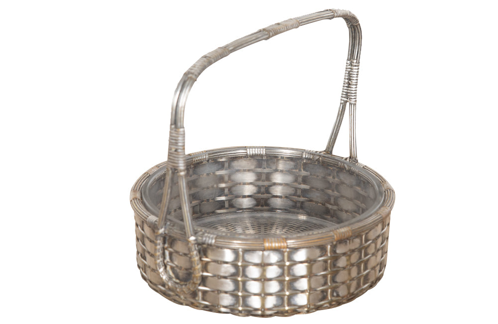 Elegant, round silver plate basket with handle