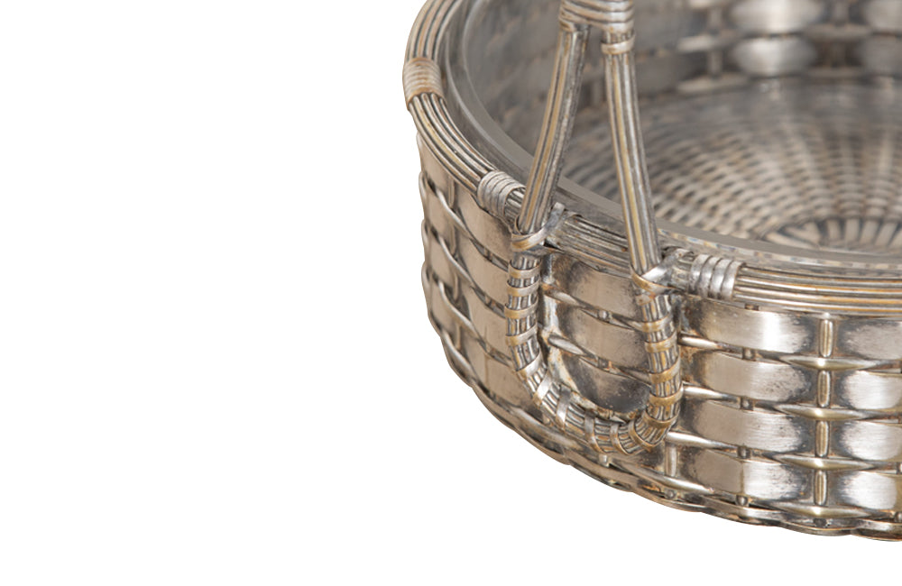 Elegant, round silver plate basket with handle