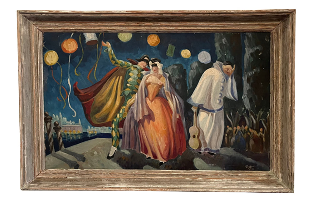Framed oil on board painting depicting the Venice Carnival.