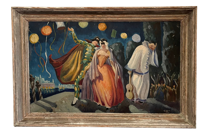 Framed oil on board painting depicting the Venice Carnival.