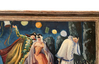 Framed oil on board painting depicting the Venice Carnival.