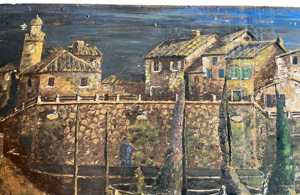 Very large, fabulous oil on panel painting of a fishing village originating from the wall of a restaurant in Nice, in the South of France.