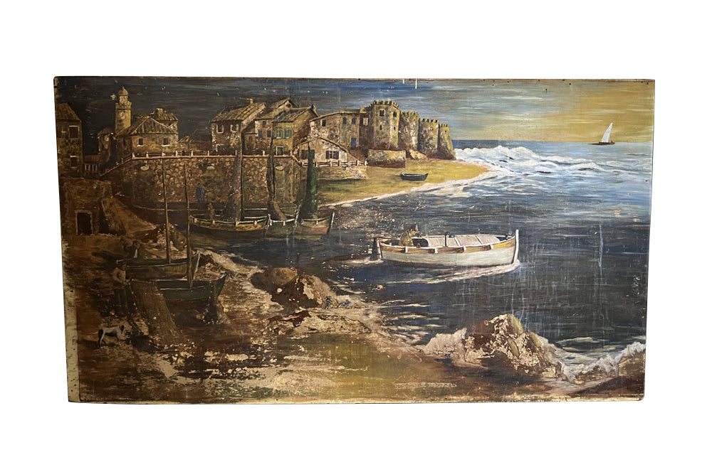 Very large, fabulous oil on panel painting of a fishing village originating from the wall of a restaurant in Nice, in the South of France.