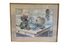 Large 20th Century still life watercolour of a a kitchen table with confit pots, flowers, tureen, bowl and vegetables.&nbsp;