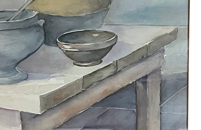 Large 20th Century still life watercolour of a a kitchen table with confit pots, flowers, tureen, bowl and vegetables.&nbsp;