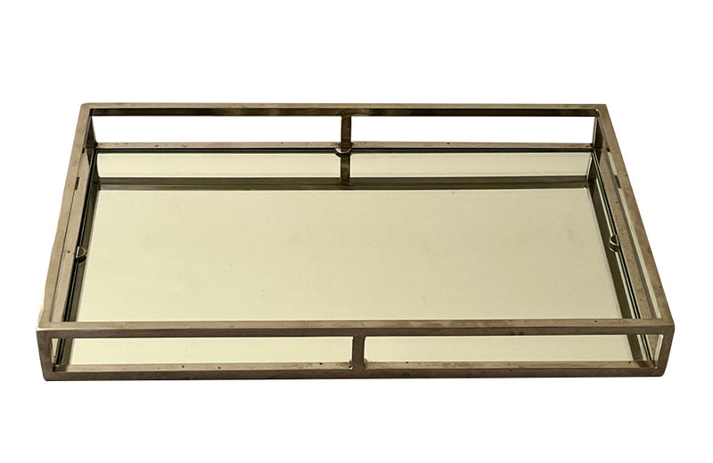 French mirrored cocktail tray with raised chrome gallery