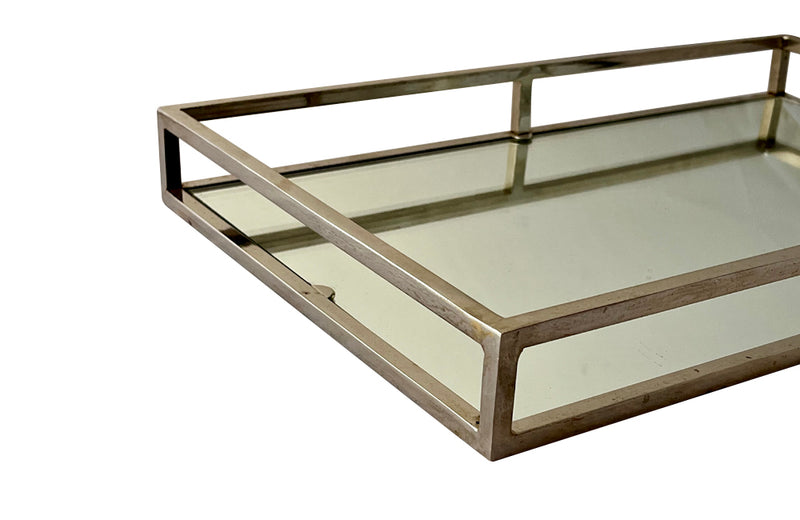 French mirrored cocktail tray with raised chrome gallery