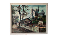 Mid 20th century signed, oil on canvas painting of iconic 'Bouquinistes' [booksellers] along the River Seine in Paris with a view of the Notre Dame Cathedral.&nbsp;
Signed by the artist, P. Dumont,