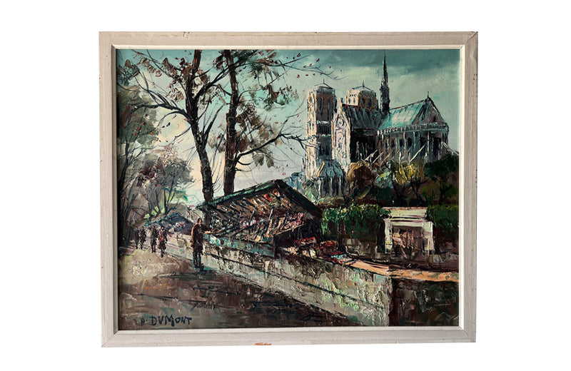 Mid 20th century signed, oil on canvas painting of iconic 'Bouquinistes' [booksellers] along the River Seine in Paris with a view of the Notre Dame Cathedral.&nbsp;
Signed by the artist, P. Dumont,