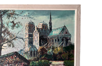 Mid 20th century signed, oil on canvas painting of iconic 'Bouquinistes' [booksellers] along the River Seine in Paris with a view of the Notre Dame Cathedral.&nbsp;
Signed by the artist, P. Dumont,