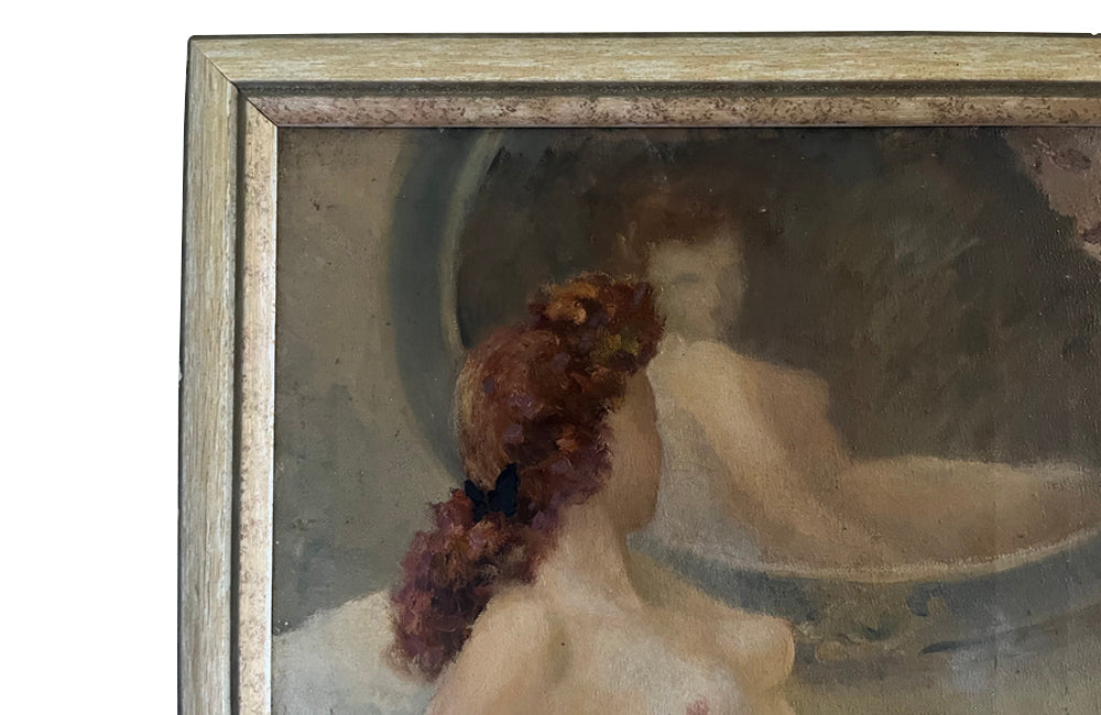 Framed painting of a red haired female figure reclining, head turned and regarding her image in a mirror signed to the lower left the French female artist, Roberte Chevalier.