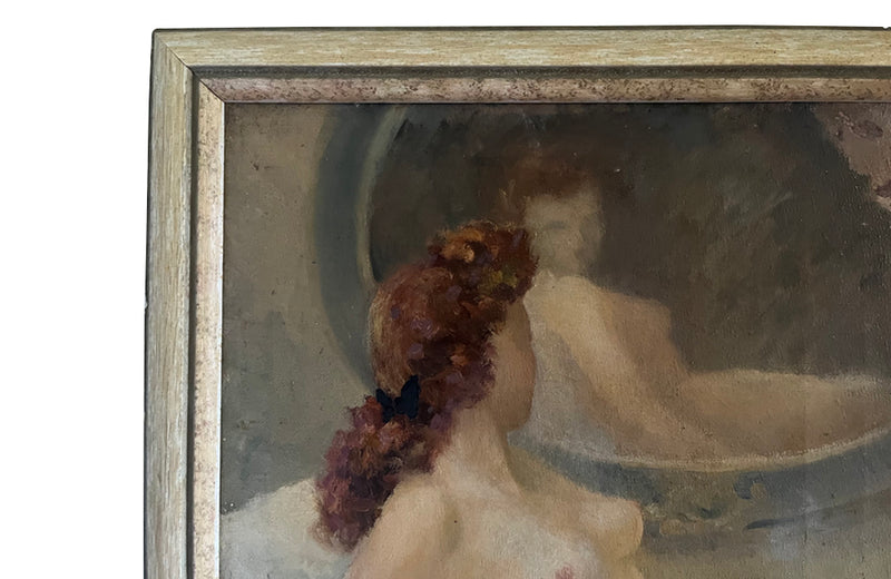 Framed painting of a red haired female figure reclining, head turned and regarding her image in a mirror signed to the lower left the French female artist, Roberte Chevalier.