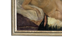 Framed painting of a red haired female figure reclining, head turned and regarding her image in a mirror signed to the lower left the French female artist, Roberte Chevalier.