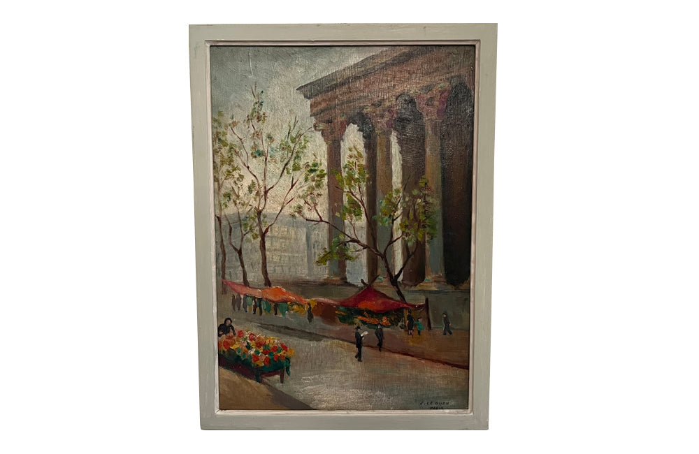 Oil on wood painting of the flower market at the Madelaine, Paris.