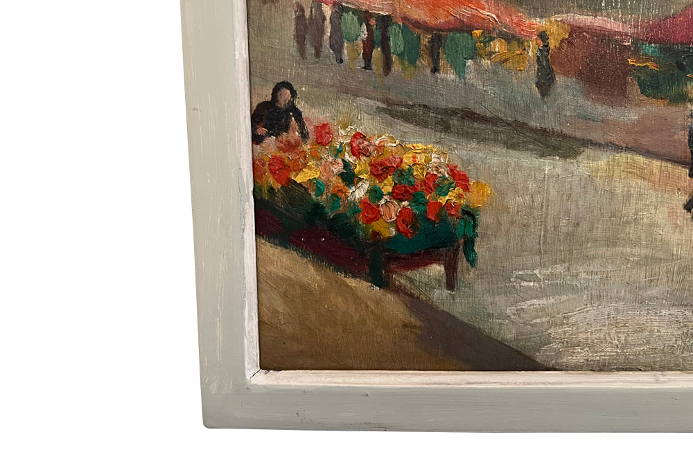 Oil on wood painting of the flower market at the Madelaine, Paris.