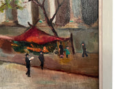 Oil on wood painting of the flower market at the Madelaine, Paris.