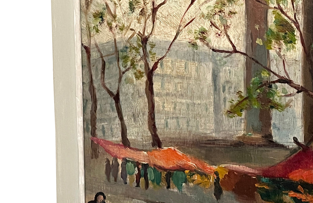 Oil on wood painting of the flower market at the Madelaine, Paris.
