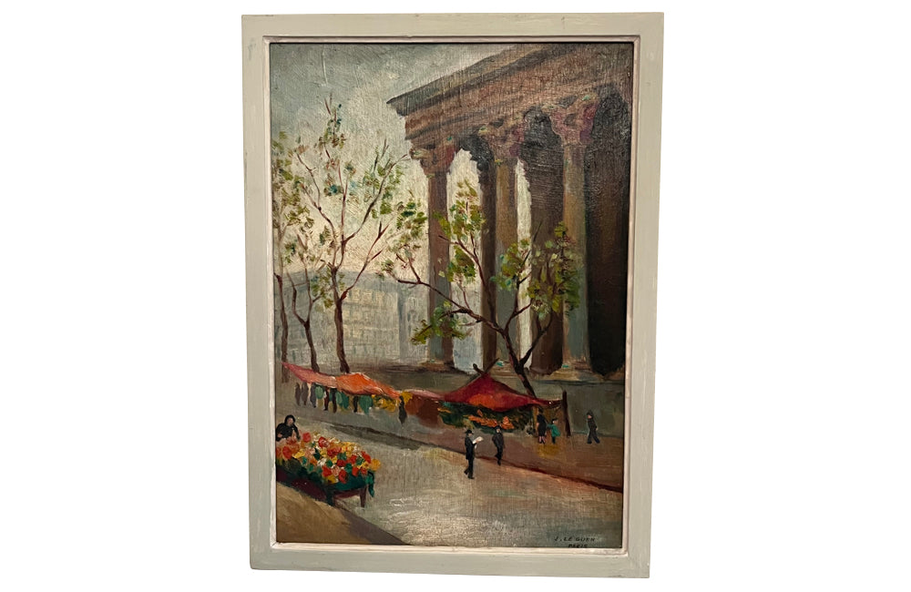 Oil on wood painting of the flower market at the Madelaine, Paris.