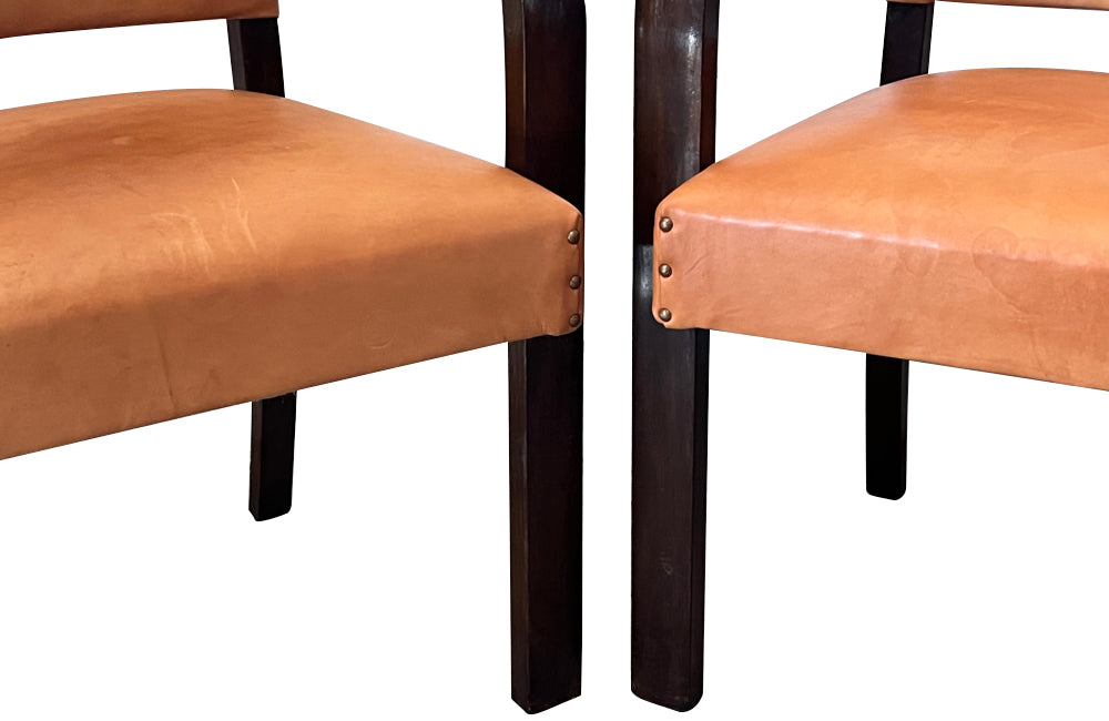 Art Deco style bridge chair armchairs with wide arched arms that incorporate the front legs, in the manner of Jindřich Halabala - 