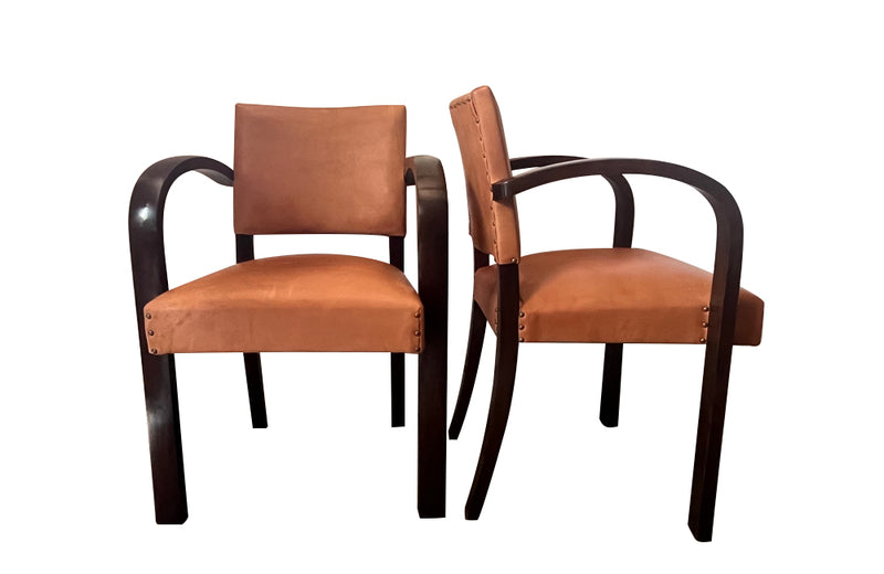 Art Deco style bridge chair armchairs with wide arched arms that incorporate the front legs, in the manner of Jindřich Halabala - 