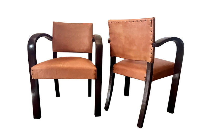 Art Deco style bridge chair armchairs with wide arched arms that incorporate the front legs, in the manner of Jindřich Halabala - 