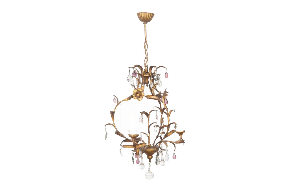20th century and pretty gilt metal and wood chandelier with floral and foliate decoration