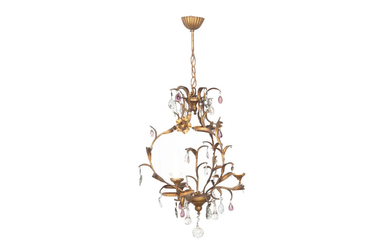 20th century and pretty gilt metal and wood chandelier with floral and foliate decoration