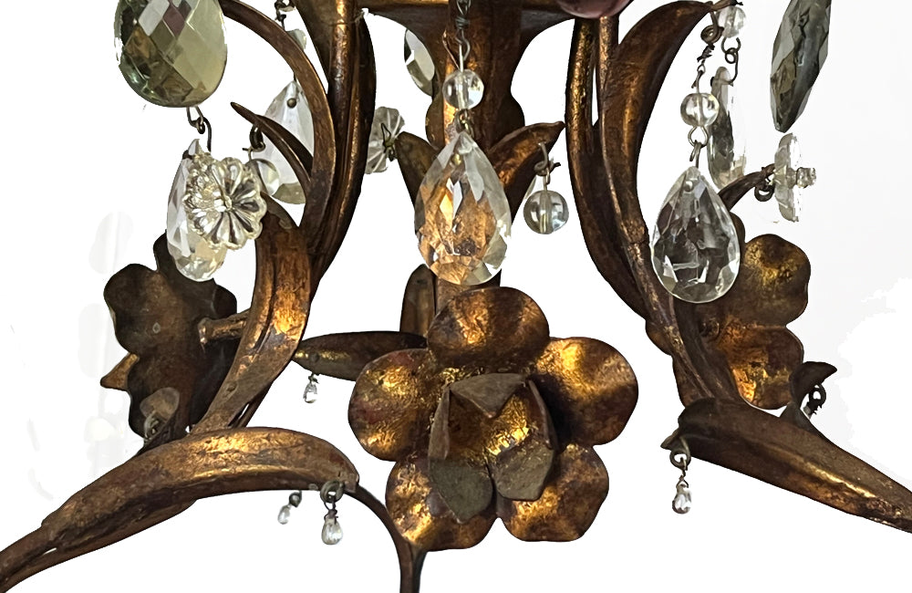 20th century and pretty gilt metal and wood chandelier with floral and foliate decoration