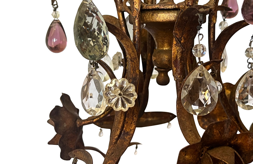20th century and pretty gilt metal and wood chandelier with floral and foliate decoration
