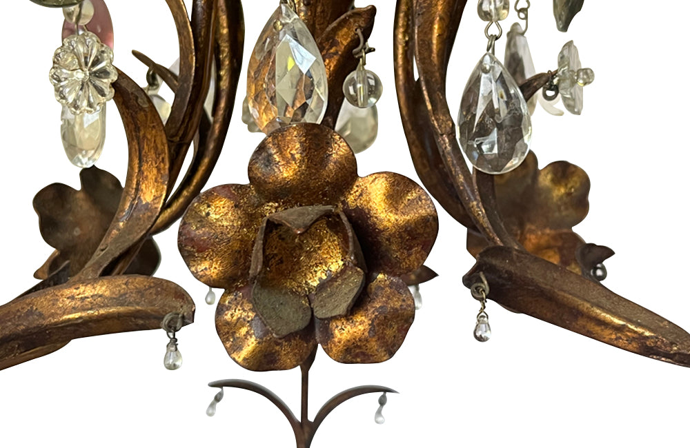 20th century and pretty gilt metal and wood chandelier with floral and foliate decoration
