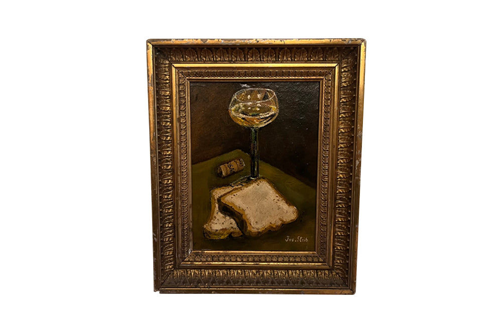 Small 20th century still life oil on board of a glass of wine, toast and a cork signed by the artist, Jos Steib