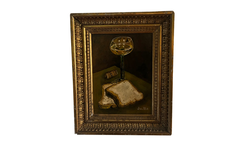 Small 20th century still life oil on board of a glass of wine, toast and a cork signed by the artist, Jos Steib