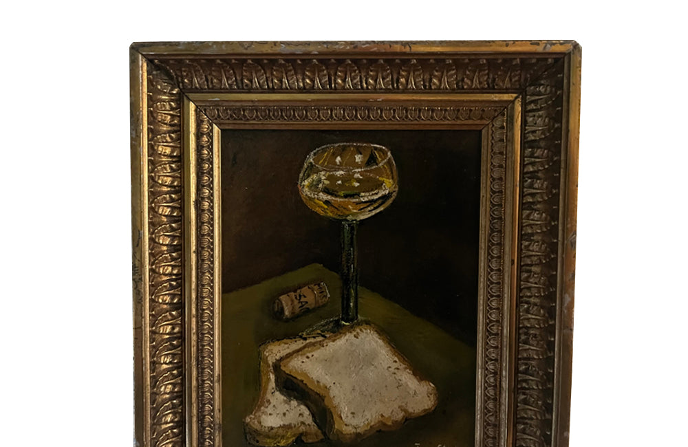 Small 20th century still life oil on board of a glass of wine, toast and a cork signed by the artist, Jos Steib