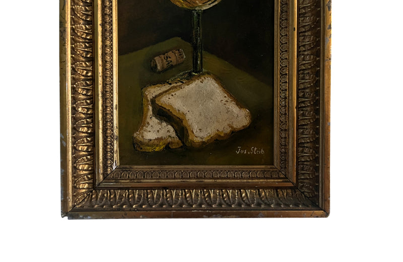 Small 20th century still life oil on board of a glass of wine, toast and a cork signed by the artist, Jos Steib