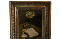 Small 20th century still life oil on board of a glass of wine, toast and a cork signed by the artist, Jos Steib