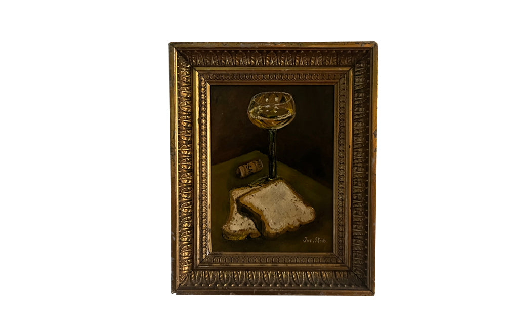 Small 20th century still life oil on board of a glass of wine, toast and a cork signed by the artist, Jos Steib
