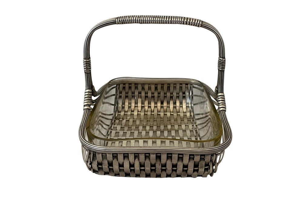 Elegant, silver plate woven basket with handle