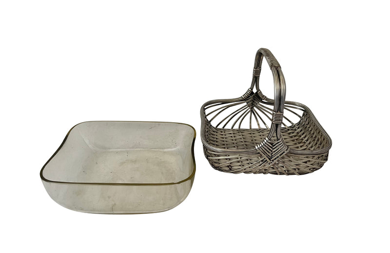 Elegant, silver plate woven basket with handle