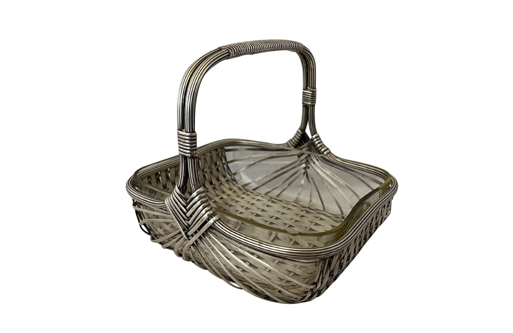 Elegant, silver plate woven basket with handle