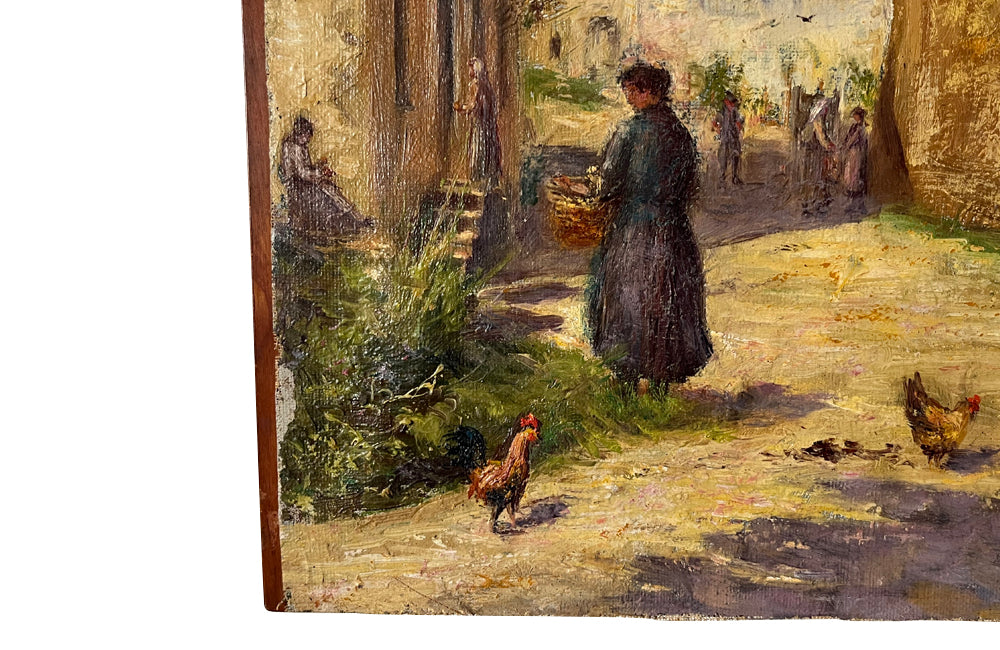 SMALL PAINTING OF A FRENCH VILLAGE SCENE WITH CHICKENS