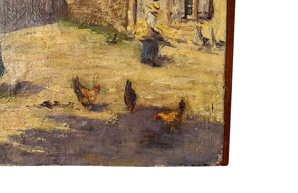 SMALL PAINTING OF A FRENCH VILLAGE SCENE WITH CHICKENS