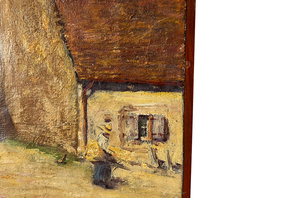 SMALL PAINTING OF A FRENCH VILLAGE SCENE WITH CHICKENS