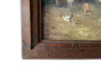 Signed framed, small oil on board painting of a farmyard with chickens and dog by L.Nicod